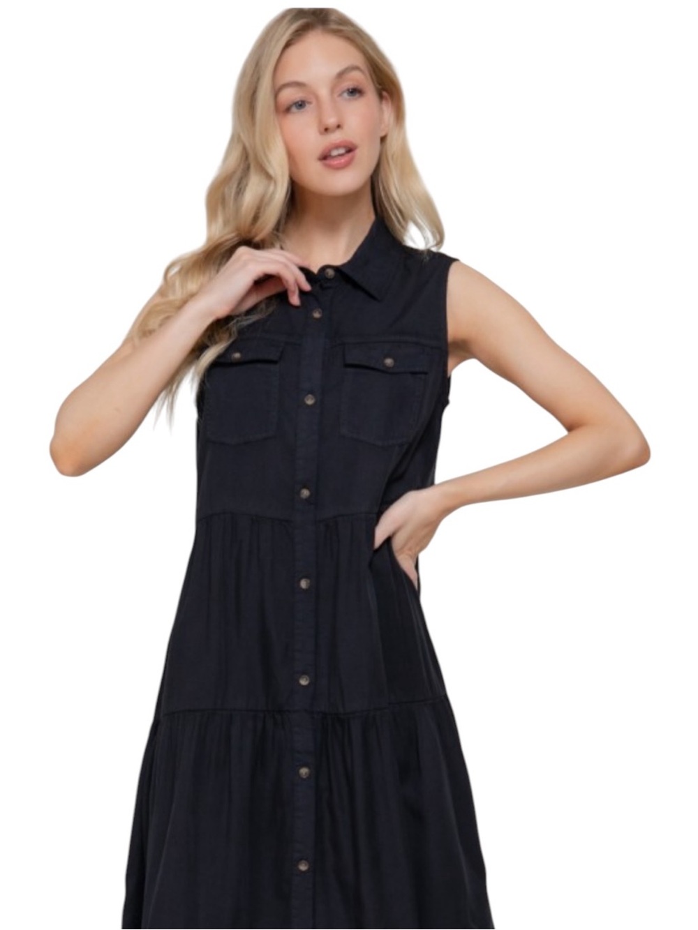 Sleeveless Button-Front Black Tiered Dress